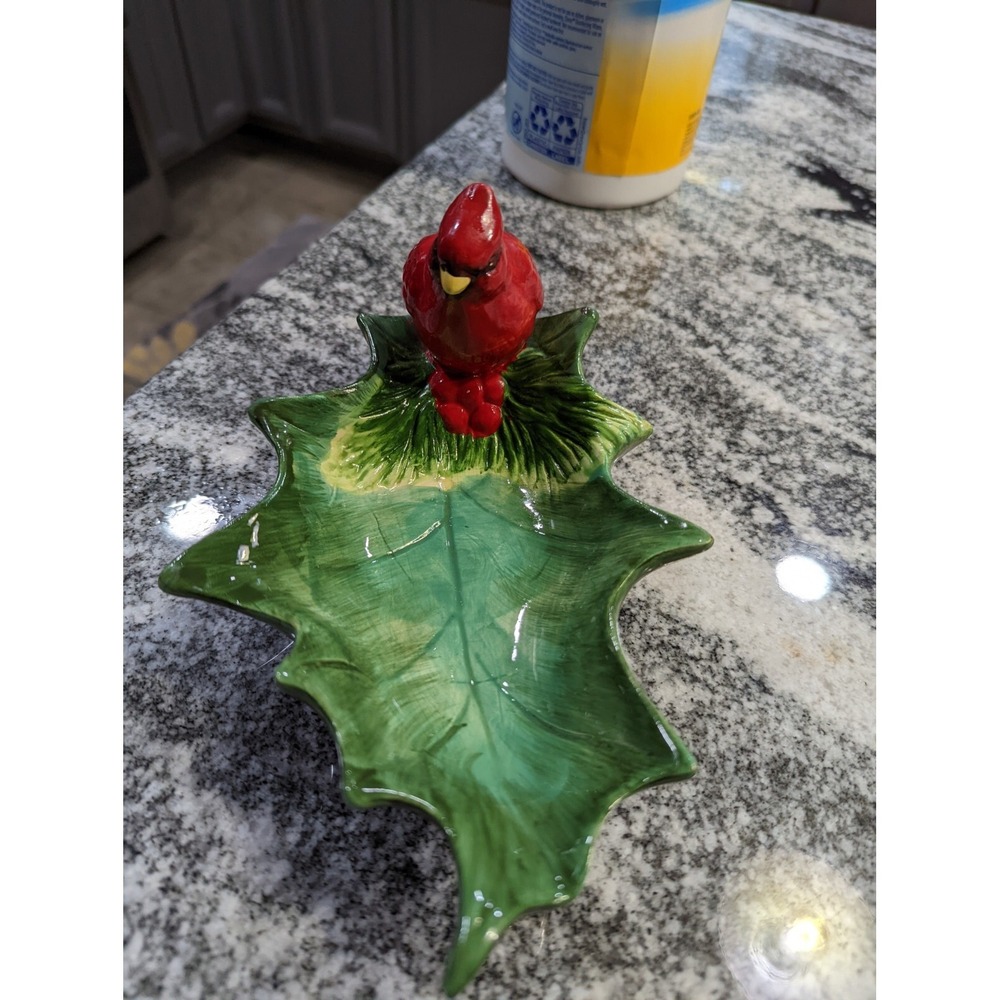 Plaid Tidings by Cracker Barrel Open Candy Dish - Cardinal, Holly. Green Red - Picture 2 of 10